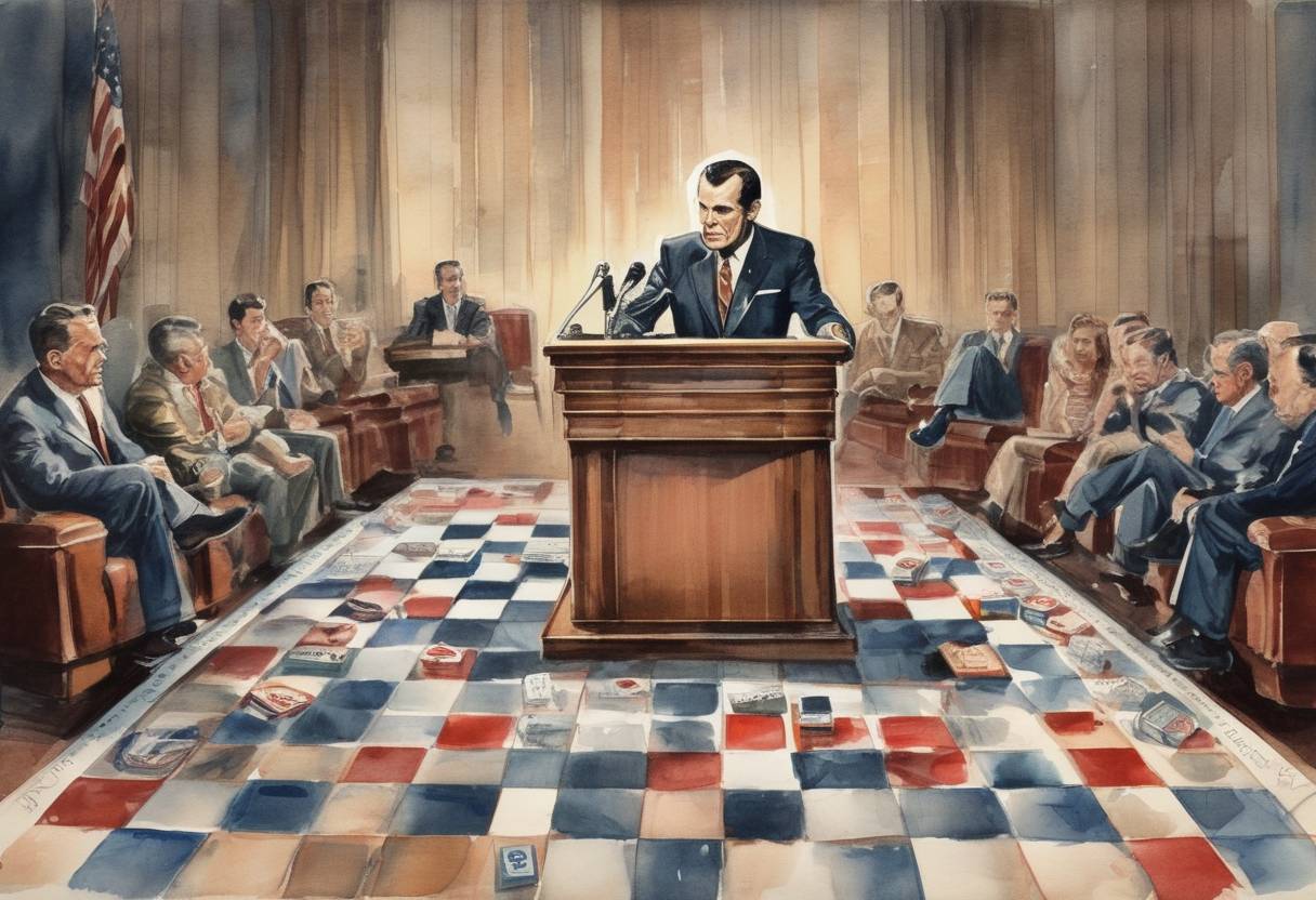 Watercolor painting based depiction of Richard Nixon delivered his "Checkers speech" on television, defending himself against accusations of improper campaign funding. (1952)