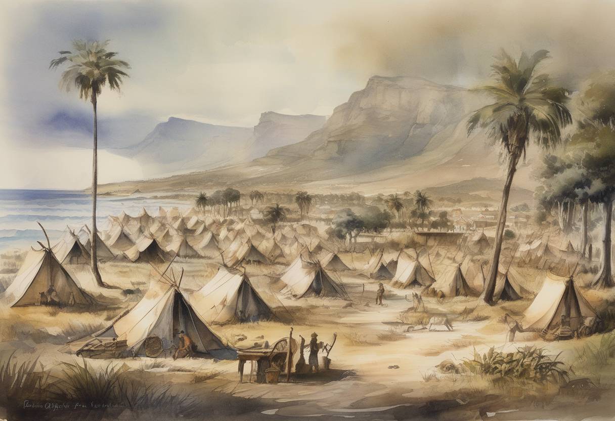 Watercolor painting based depiction of Dutch sailor Jan van Riebeeck established a resupply camp that eventually became Cape Town, marking the beginning of European colonization in South Africa. (1652)
