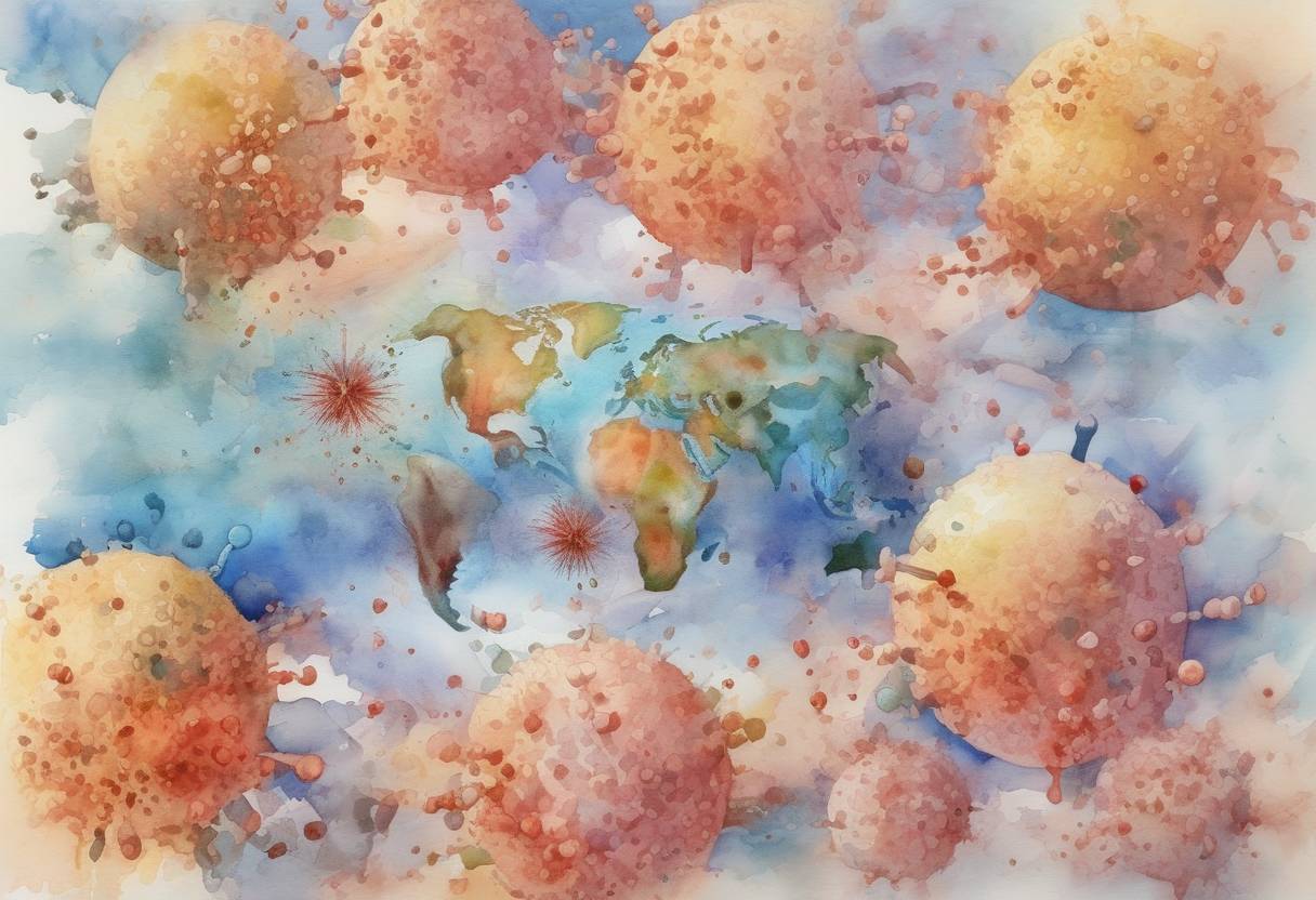 Watercolor painting based depiction of The COVID-19 pandemic led to a global milestone as the number of confirmed cases surpassed 1 million worldwide, highlighting the rapid spread of the virus. (2020)