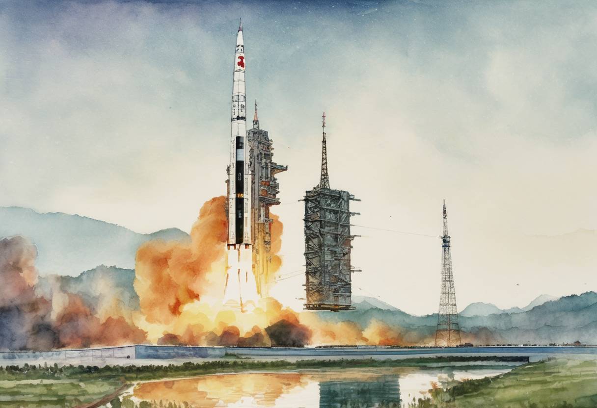 Watercolor painting based depiction of North Korea launches the Kwangmyongsong-4 satellite, which is widely condemned by the international community as a ballistic missile test in disguise. (2016)