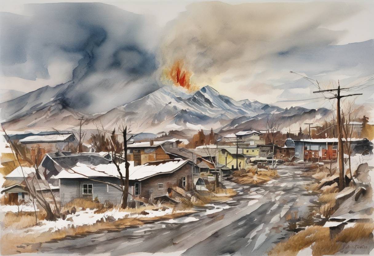Watercolor painting based depiction of The Good Friday Earthquake, the most powerful earthquake in U.S. history, struck Alaska, measuring 9.2 on the Richter scale. (1964)