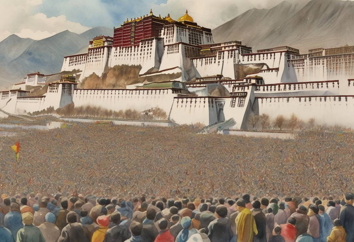 Watercolor painting based depiction of Tibetan Uprising Day: Thousands of Tibetans surround the Dalai Lama's palace to protect him from the Chinese military. (1959)