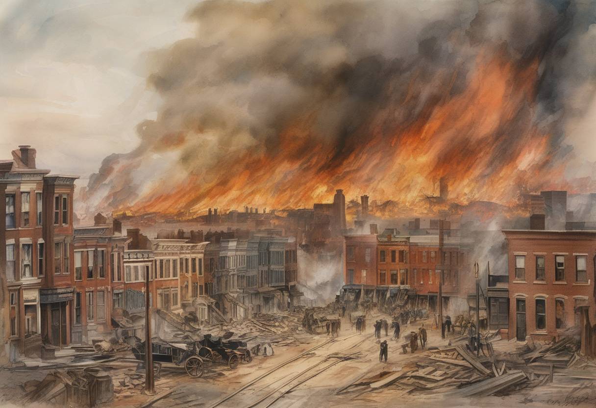 Watercolor painting based depiction of The Great Baltimore Fire began, lasting for over 30 hours and destroying over 1,500 buildings in Baltimore, Maryland. (1904)