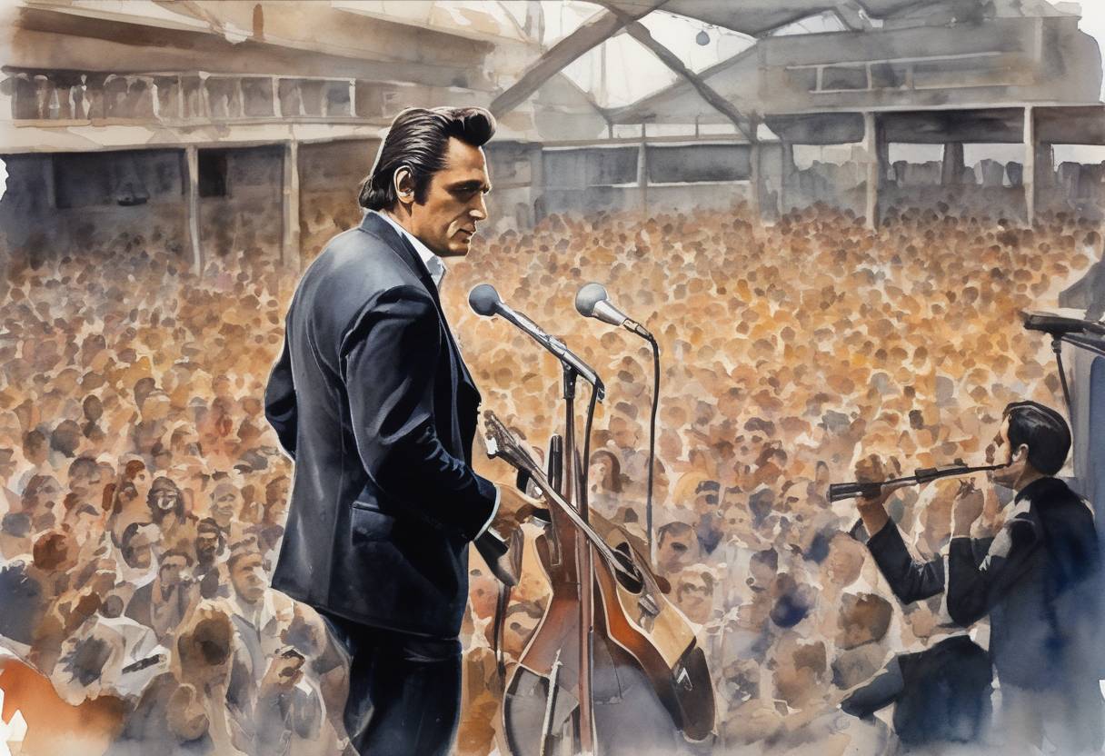 Watercolor painting based depiction of Johnny Cash performs live at Folsom State Prison, California; the recording becomes one of the most famous live albums in music history. (1968)