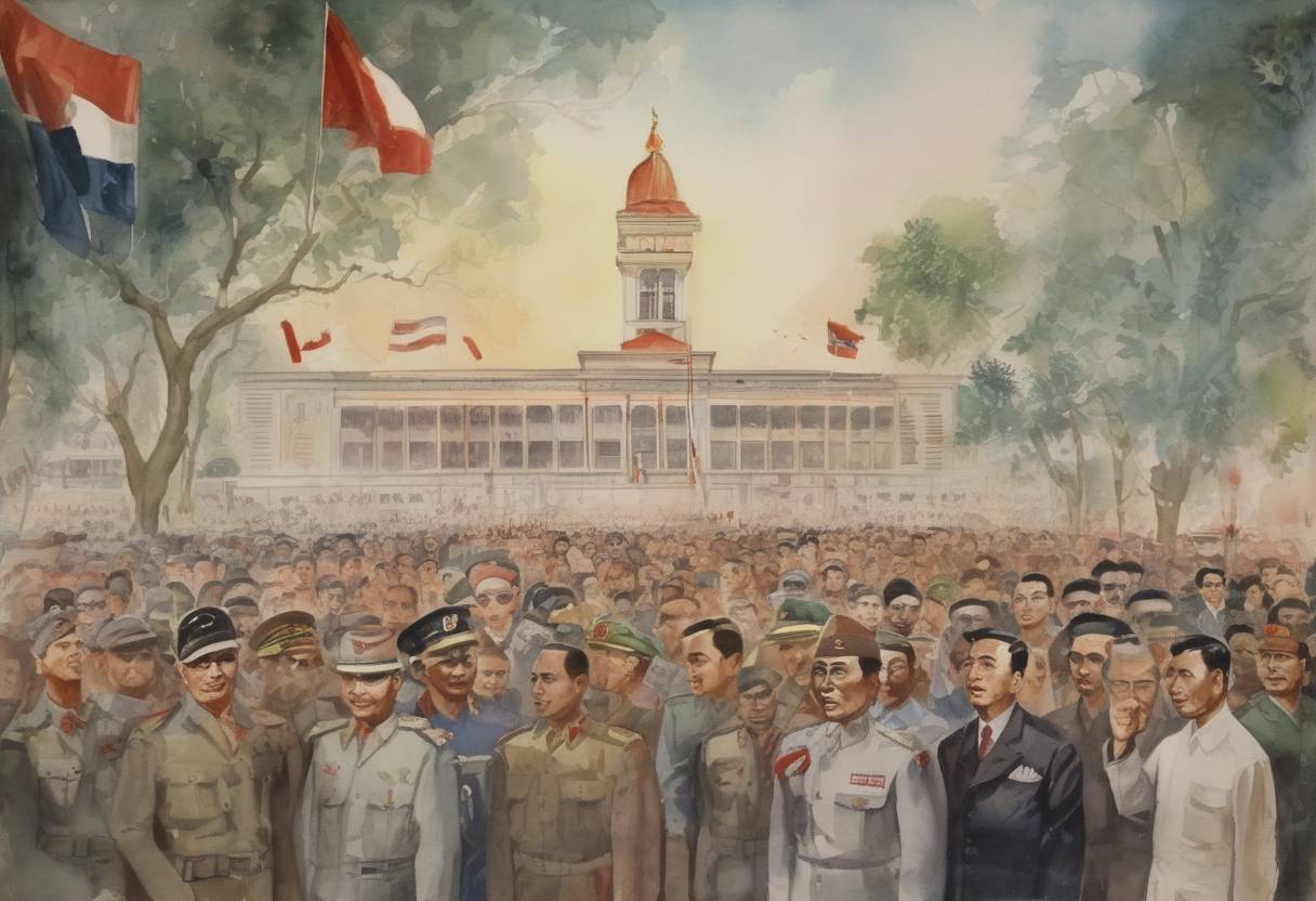 Watercolor painting based depiction of Indonesia declares its independence from the Netherlands, with Sukarno and Mohammad Hatta proclaiming the country's independence. (1945)