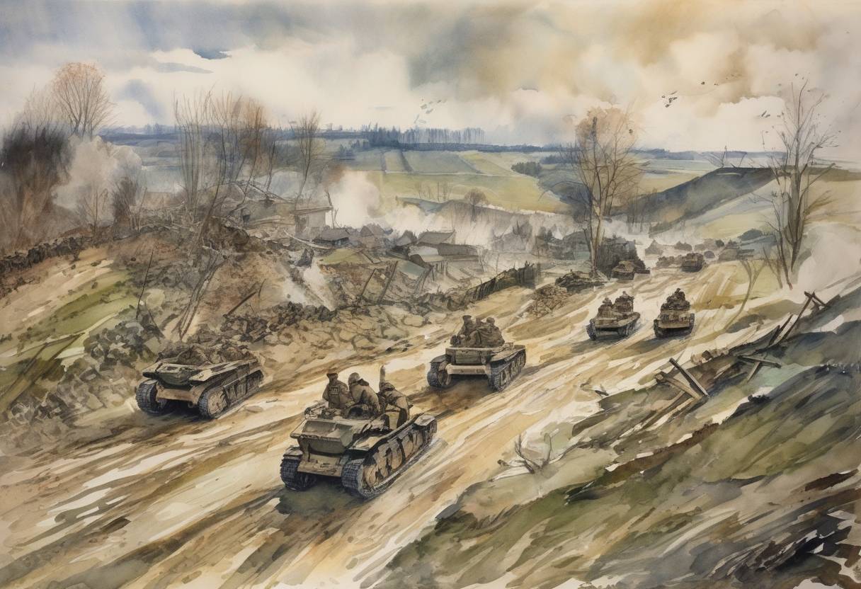 Watercolor painting based depiction of The German Spring Offensive, also known as the Kaiserschlacht, began during World War I. It was a series of German attacks along the Western Front, marking the last major German offensive of the war. (1918)