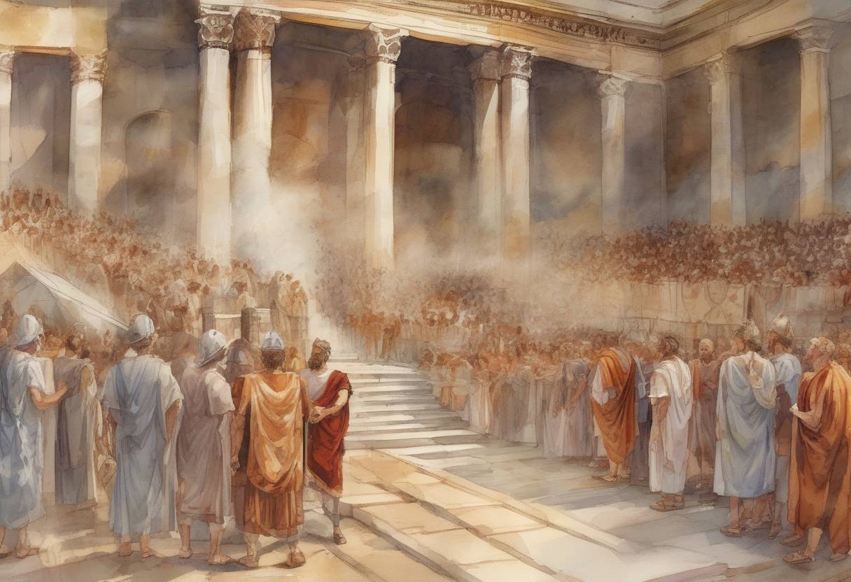 Watercolor painting based depiction of Roman Emperor Diocletian issues the first edict of persecution against Christians, leading to the Great Persecution. (303)