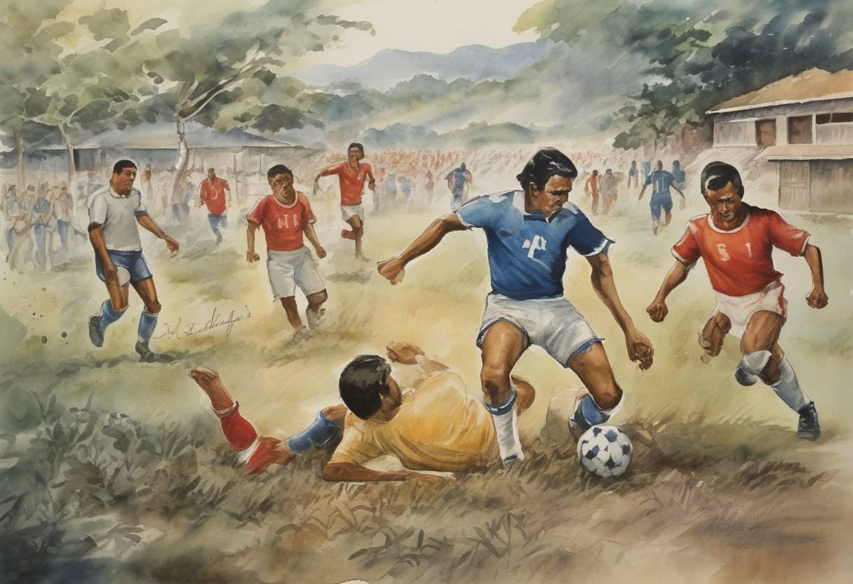 Watercolor painting based depiction of The football war, a brief conflict between El Salvador and Honduras, began following a World Cup qualifier. (1969)