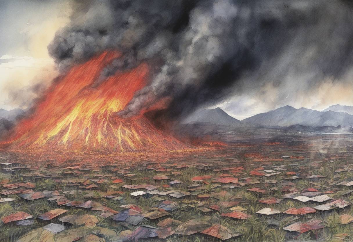 Watercolor painting based depiction of Mount Nyiragongo erupts in the Democratic Republic of the Congo, displacing an estimated 400,000 people and causing significant destruction in the city of Goma. (2002)