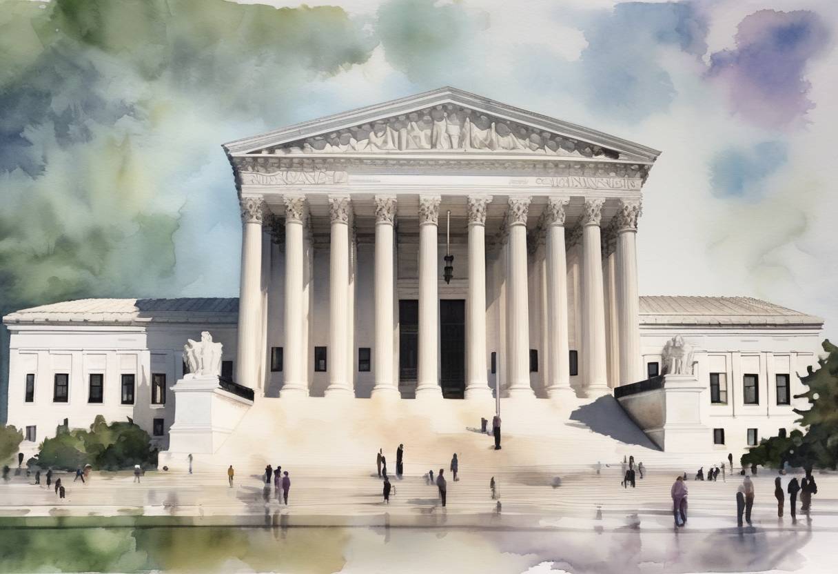 Watercolor painting based depiction of The United States Supreme Court ruled in Bostock v. Clayton County that the Civil Rights Act of 1964 protects employees from discrimination based on sexual orientation or gender identity. (2020)