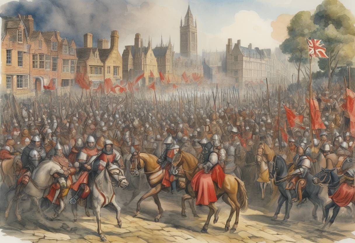 Watercolor painting based depiction of During the Peasants' Revolt in England, rebels led by Wat Tyler and John Ball entered London, demanding economic and social reforms. (1381)