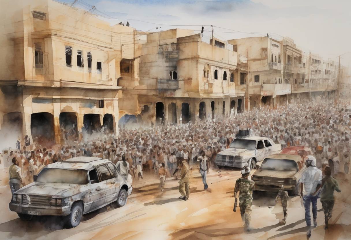 Watercolor painting based depiction of The Libyan Civil War began with protests in Benghazi against Muammar Gaddafi's government, leading to a full-scale conflict and international intervention. (2011)