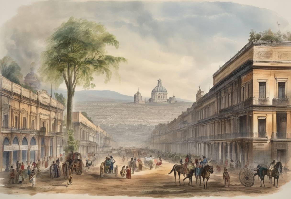 Watercolor painting based depiction of The Second Federal Republic of Mexico was established after the fall of the First Mexican Republic. (1846)