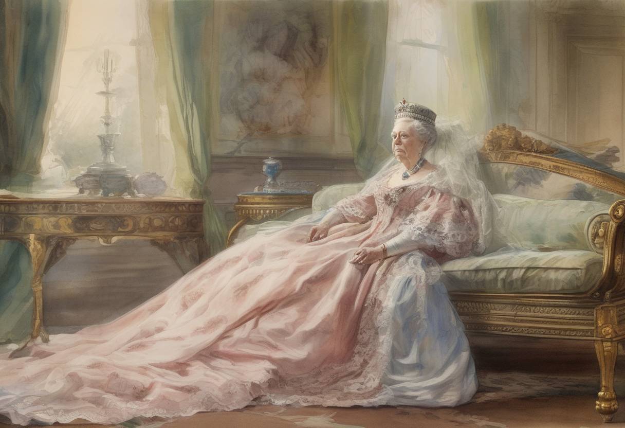 Watercolor painting based depiction of Queen Victoria of the United Kingdom dies, marking the end of the Victorian Era. (1901)