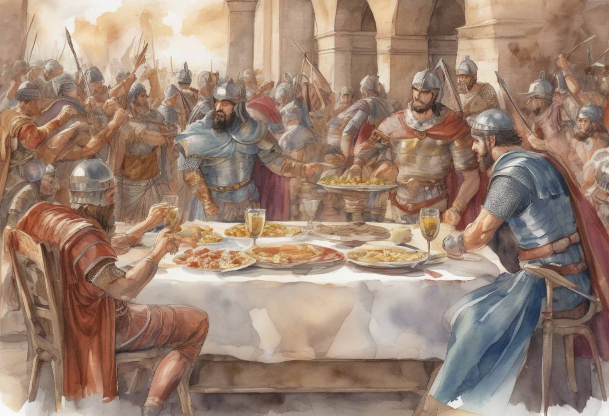 Watercolor painting based depiction of Theodoric the Great, king of the Ostrogoths, kills Odoacer, the first barbarian King of Italy, during a banquet, consolidating his rule over Italy. (493)