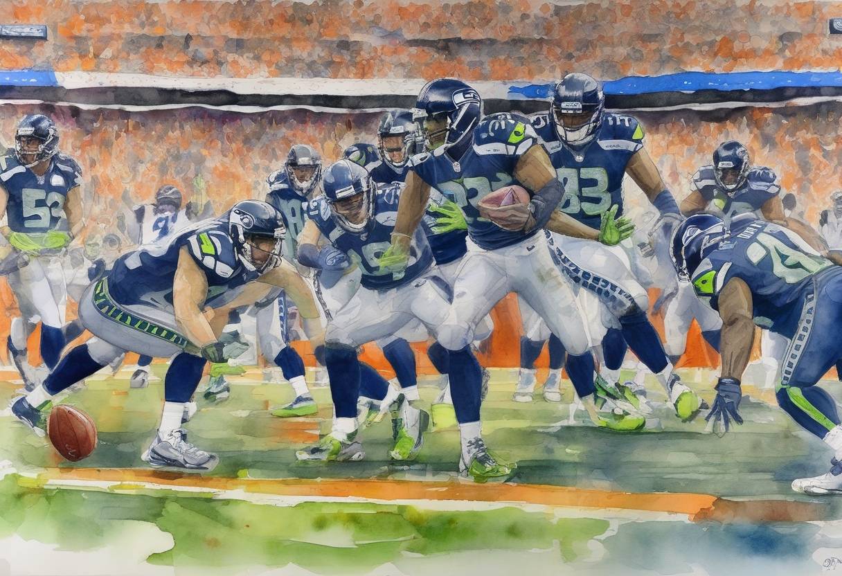 Watercolor painting based depiction of The Seattle Seahawks won their first Super Bowl, defeating the Denver Broncos 43-8 in Super Bowl XLVIII. (2014)