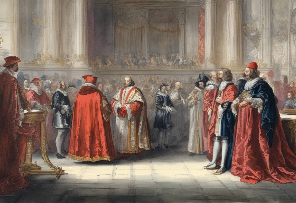 Watercolor painting based depiction of Cardinal Richelieu is appointed as the chief minister to King Louis XIII of France, beginning his influential role in French politics. (1624)
