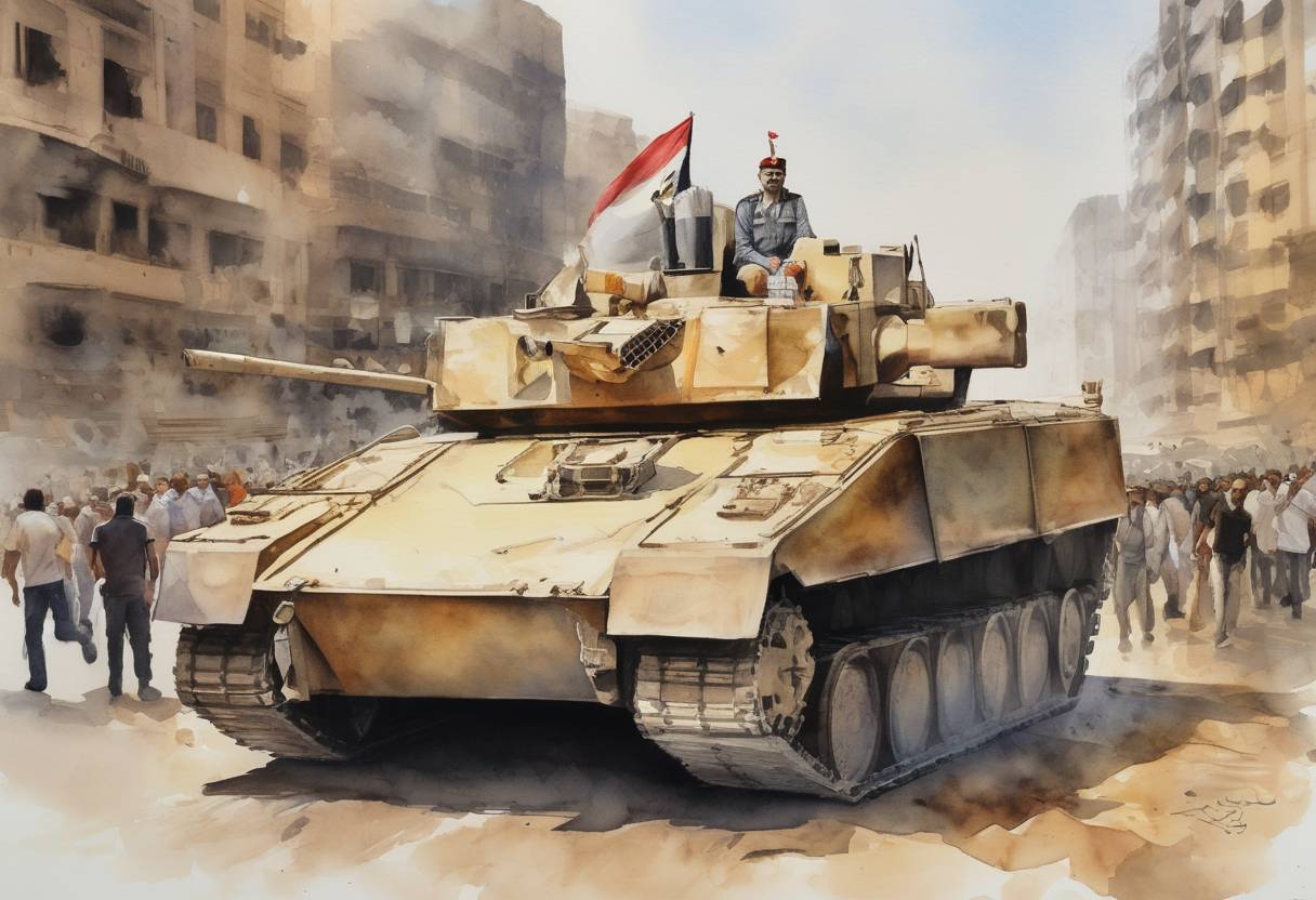 Watercolor painting based depiction of The Egyptian military ousted President Mohamed Morsi following mass protests against his rule. This event marked a significant turning point in Egypt's political landscape, leading to a period of military-led governance. (2013)