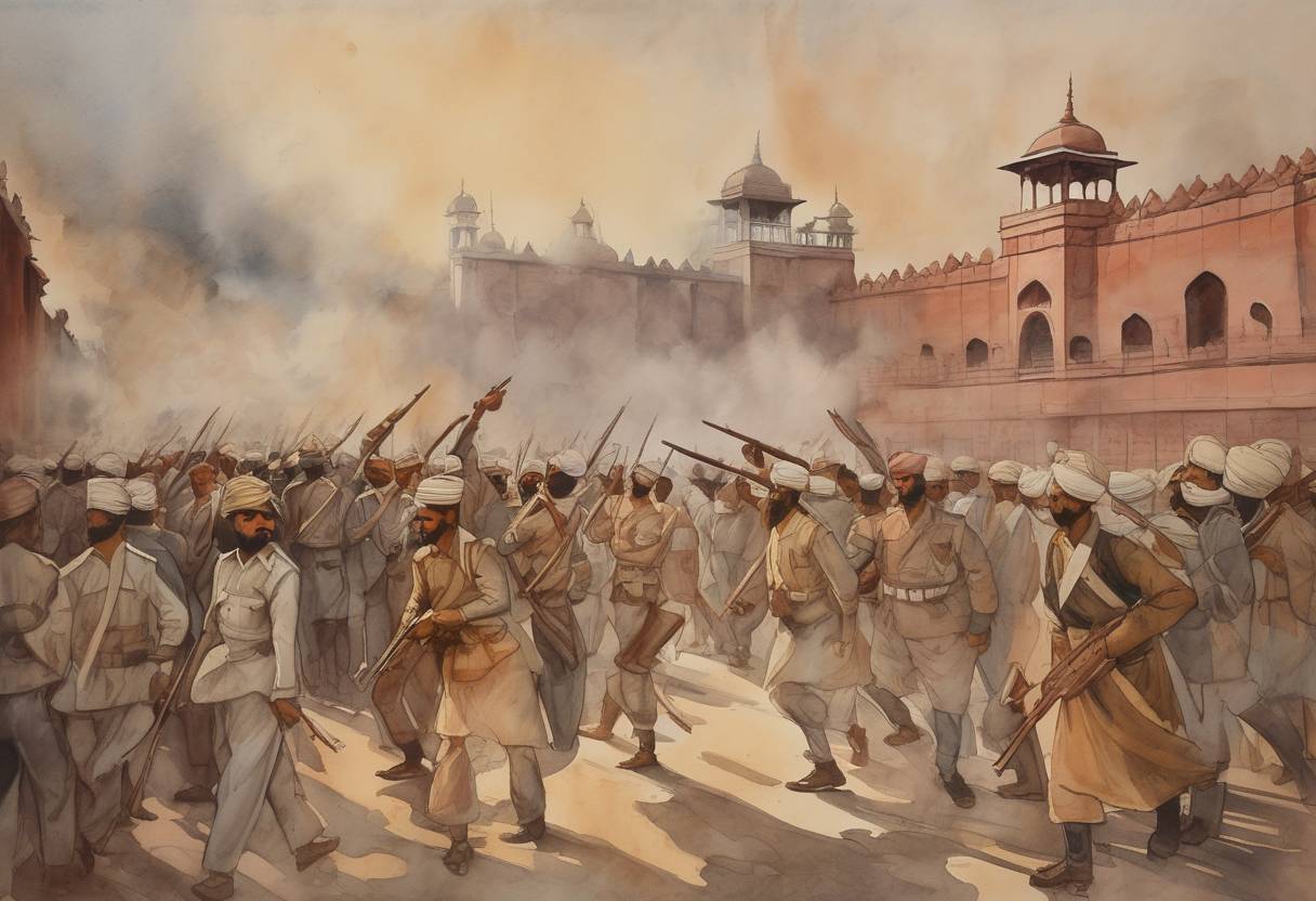 Watercolor painting based depiction of The Jallianwala Bagh massacre occurred in Amritsar, India, when British troops fired on a large crowd of unarmed Indian protesters, leading to significant casualties and escalating the Indian independence movement. (1919)