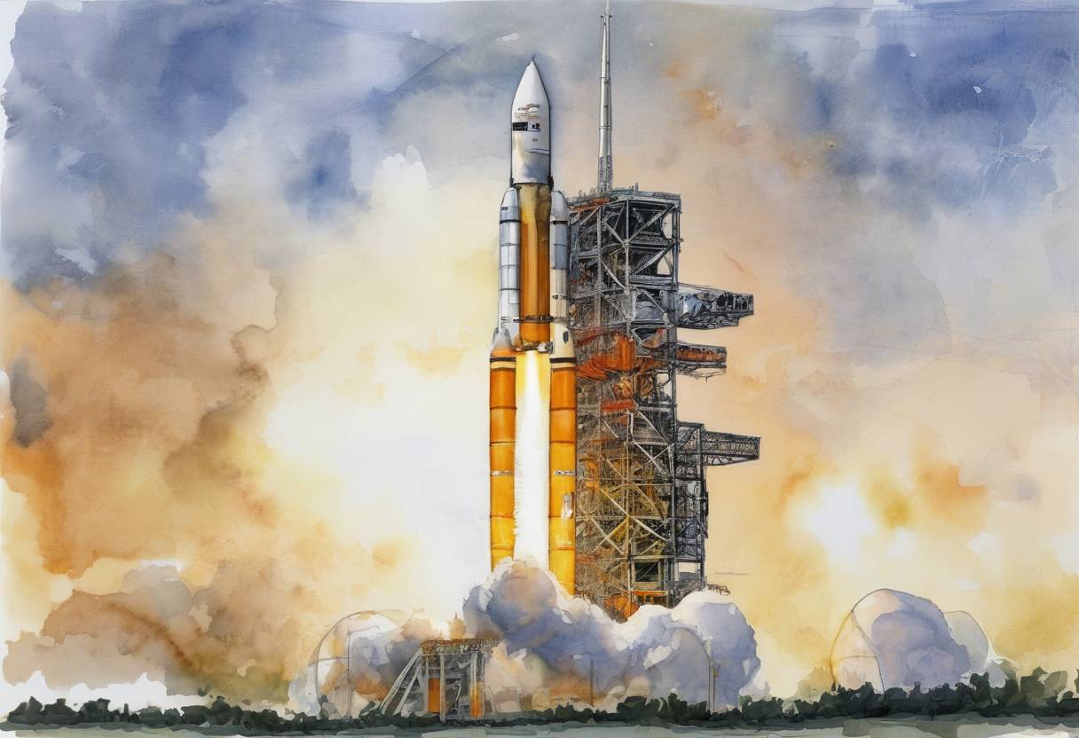 Watercolor painting based depiction of The first successful launch of the Boeing Delta IV Heavy rocket took place, marking a significant advancement in space exploration technology. (2005)