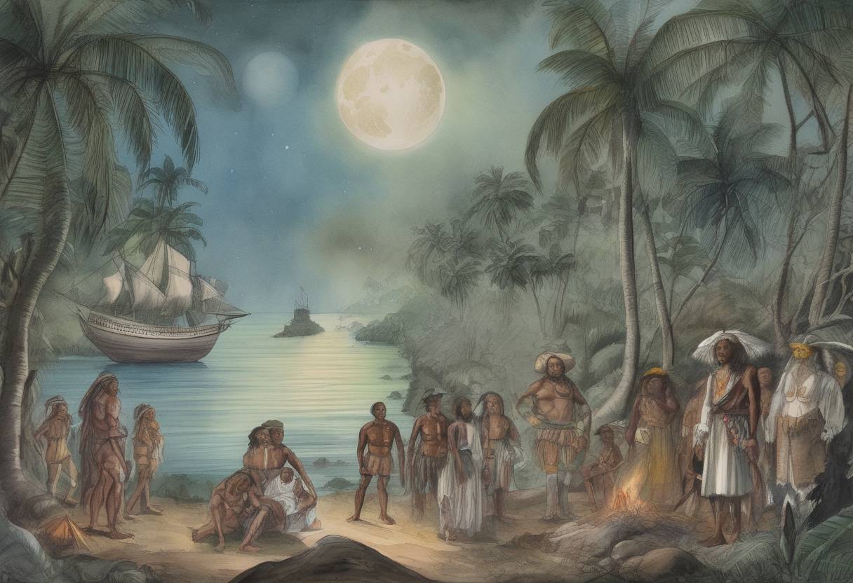 Watercolor painting based depiction of Christopher Columbus uses a lunar eclipse to frighten indigenous Jamaicans into provisioning his stranded expedition. (1504)