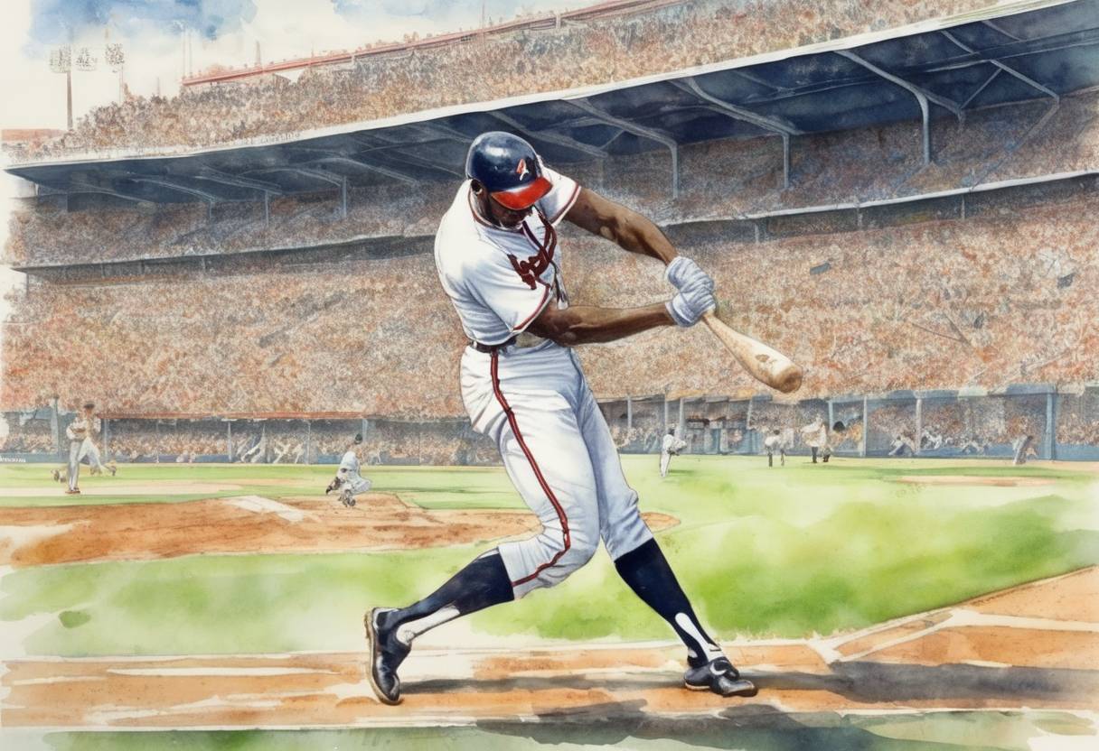 Watercolor painting based depiction of Hank Aaron of the Atlanta Braves hit his 715th career home run, breaking Babe Ruth's record. (1974)