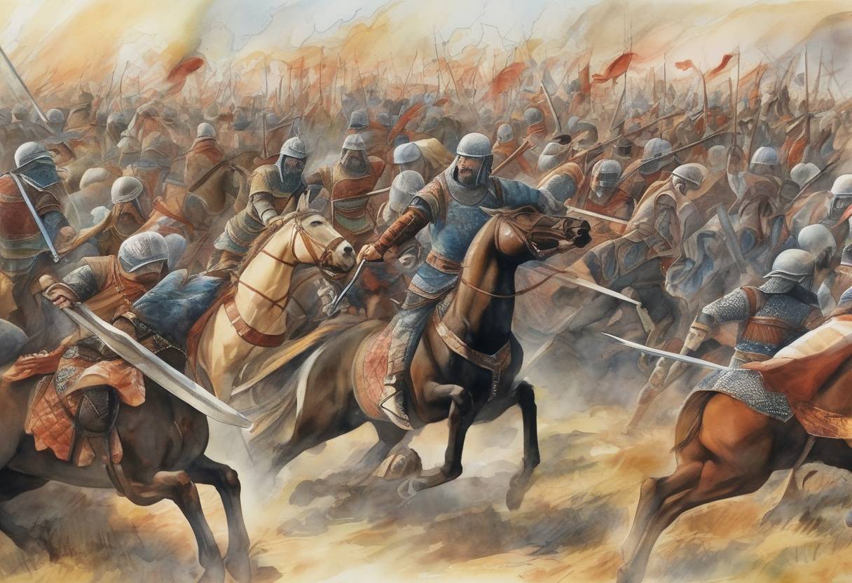 Watercolor painting based depiction of The Battle of Bagrevand took place, marking a significant conflict between the Abbasid Caliphate and the Armenian nobility. This battle led to the decline of Armenian autonomy under Arab rule. (775)