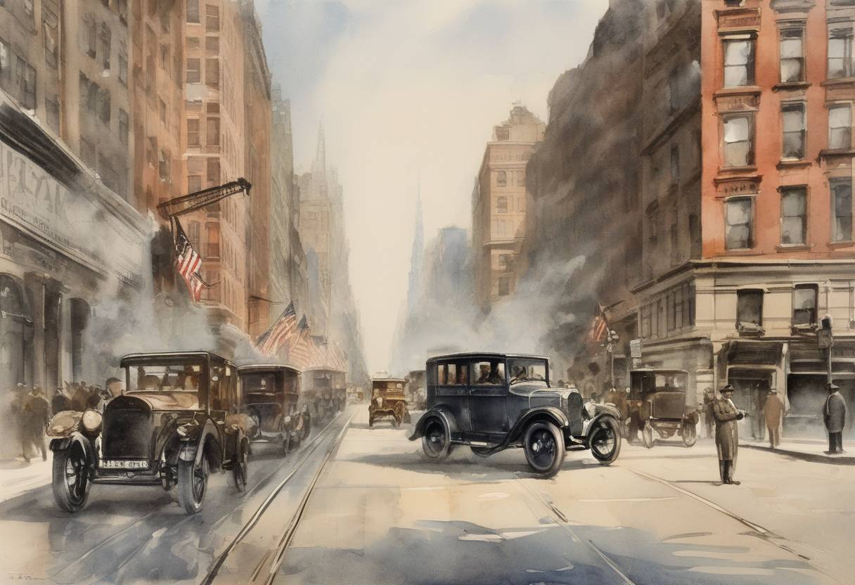 Watercolor painting based depiction of The first transatlantic telephone service was established between New York City and London, marking a significant milestone in global communications. (1927)