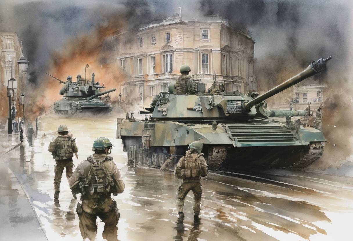 Watercolor painting based depiction of Operation Nimrod, the SAS storm the Iranian Embassy in London ending a six-day siege. (1980)
