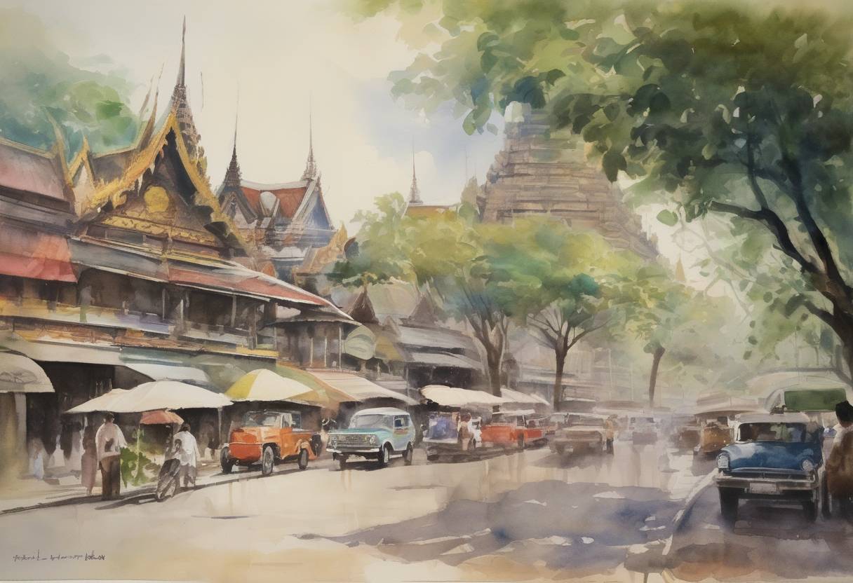 Watercolor painting based depiction of The Association of Southeast Asian Nations (ASEAN) was founded in Bangkok, Thailand, by Indonesia, Malaysia, the Philippines, Singapore, and Thailand to promote political and economic cooperation and regional stability. (1967)