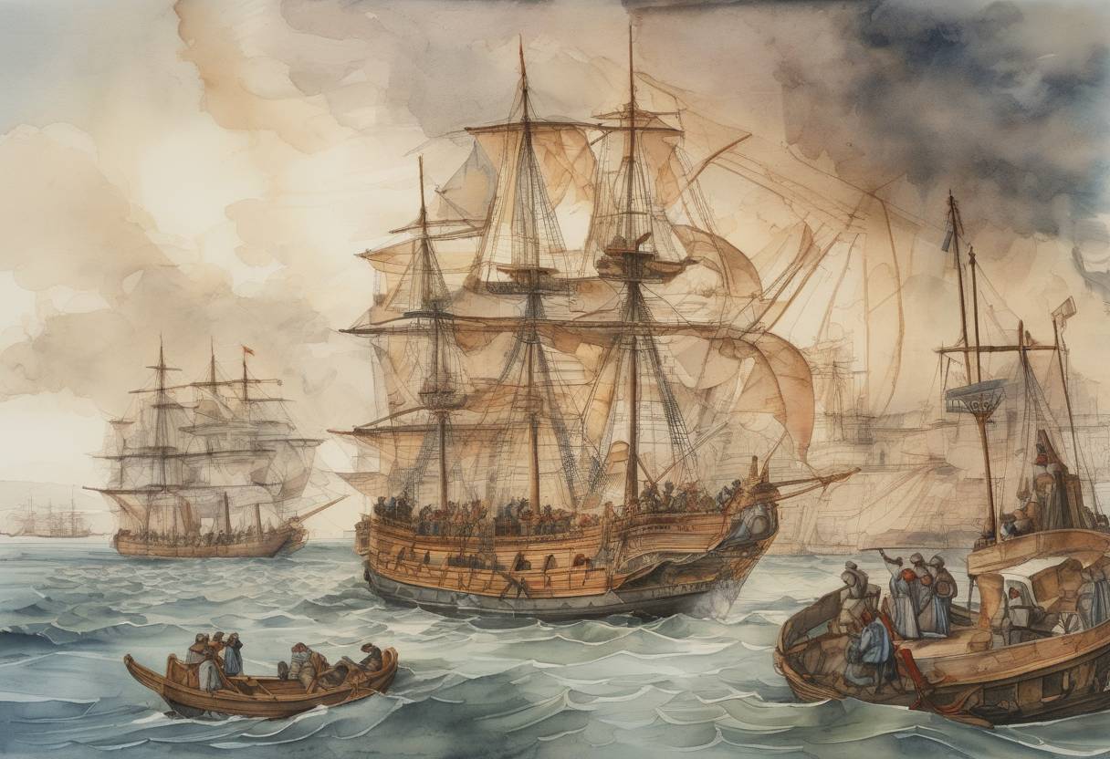 Watercolor painting based depiction of Amerigo Vespucci allegedly leaves Cádiz for his first voyage to the New World. (1497)