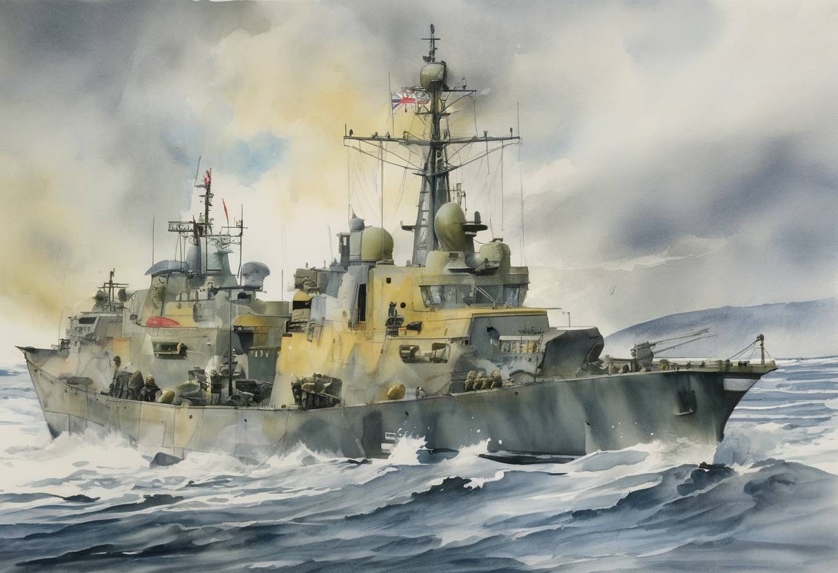 Watercolor painting based depiction of Argentina invades the Falkland Islands, beginning the Falklands War with the United Kingdom. (1982)