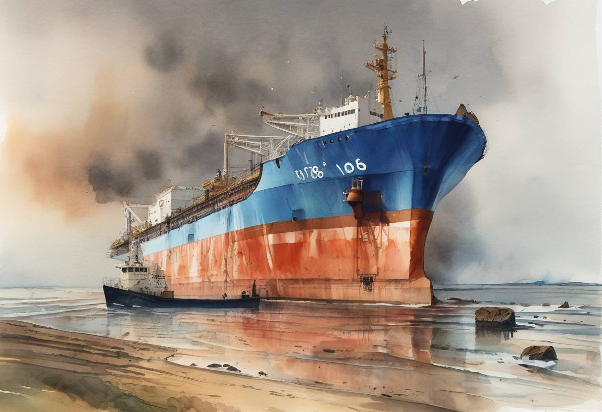 Watercolor painting based depiction of Amoco Cadiz, a very large crude carrier, runs aground on the coast of Brittany, France, causing one of the largest oil spills in history. (1978)