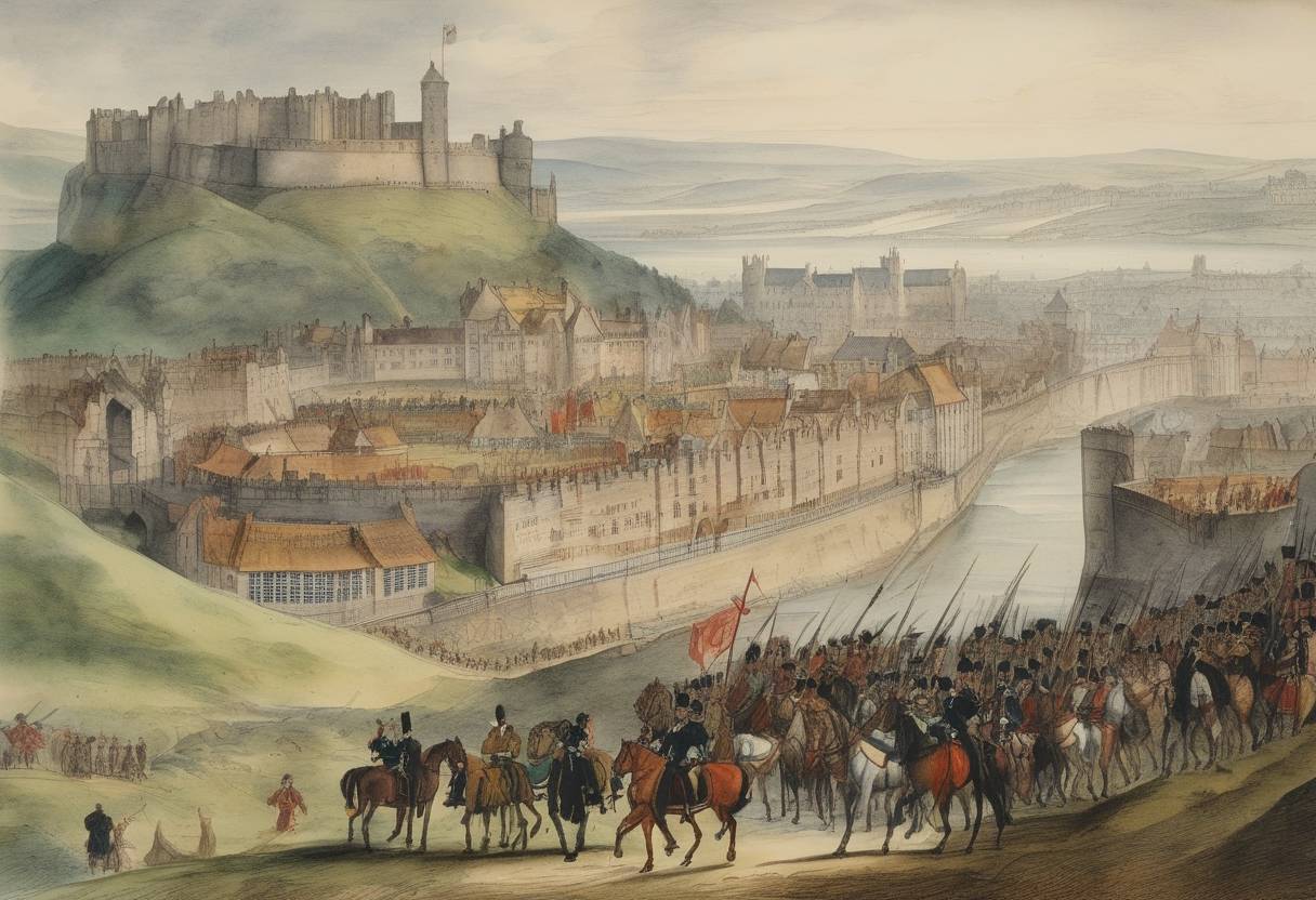 Watercolor painting based depiction of The Treaty of Edinburgh was signed, concluding the Siege of Leith and formally ending hostilities between Scotland and England. This treaty called for the withdrawal of French troops from Scotland and solidified the Protestant Reformation in Scotland by committing to the cause of Protestantism. (1563)