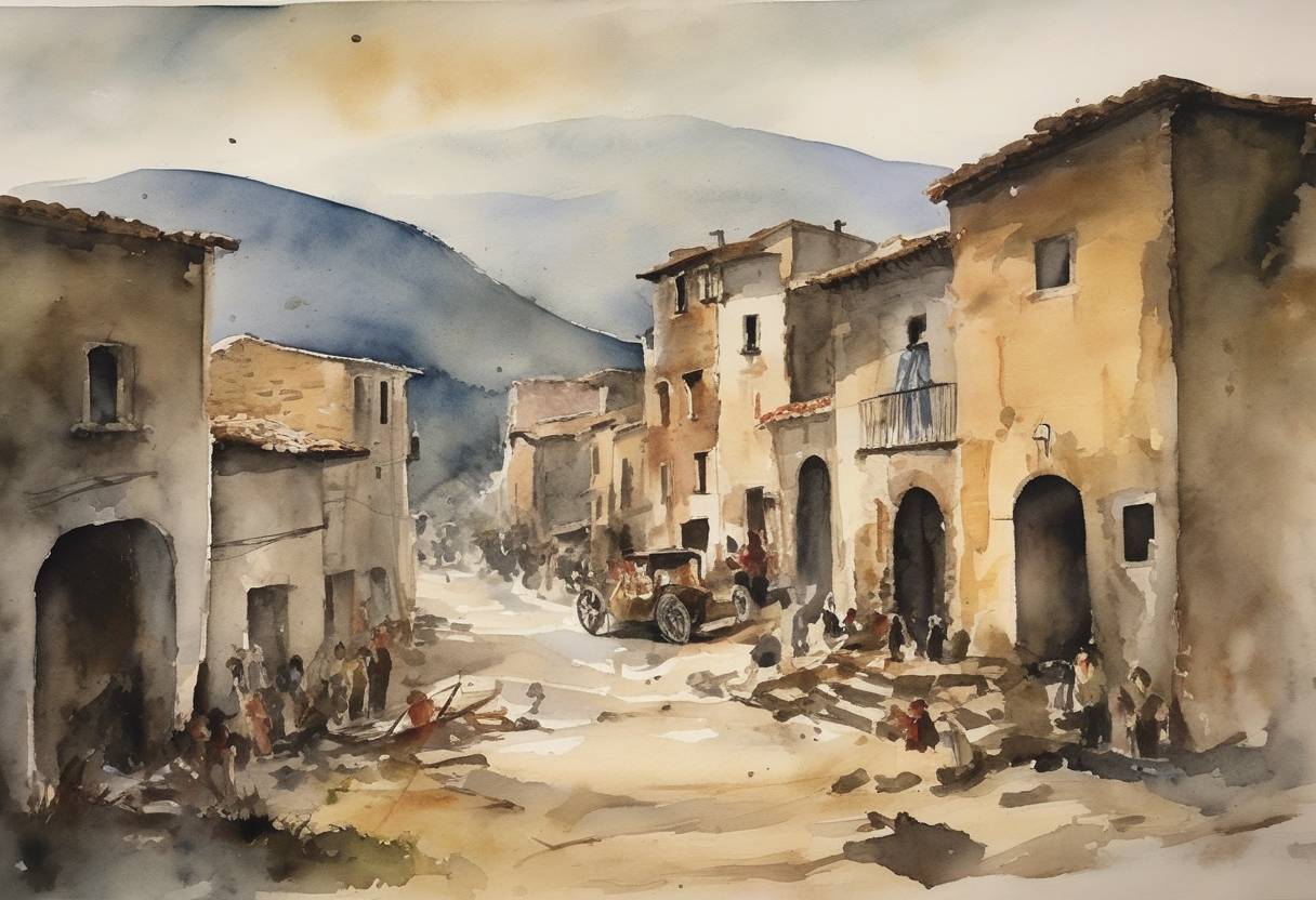 Watercolor painting based depiction of The Portella della Ginestra massacre occurred in Sicily, Italy, when bandits opened fire on a May Day labor festival, killing 11 people. (1947)