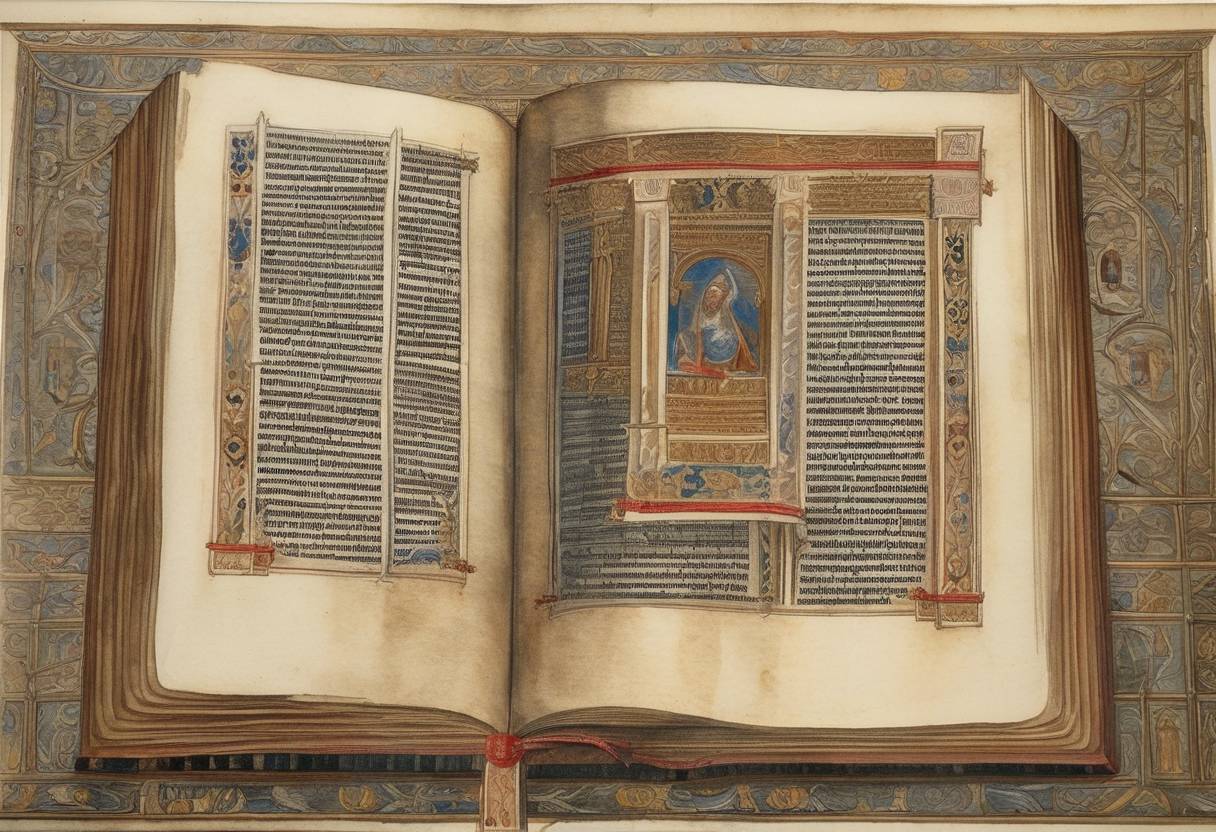 Watercolor painting based depiction of Opening of the Gutenberg Bible, the first major book printed using movable type, at the 'Bible and the Manuscript Tradition' conference. (1457)