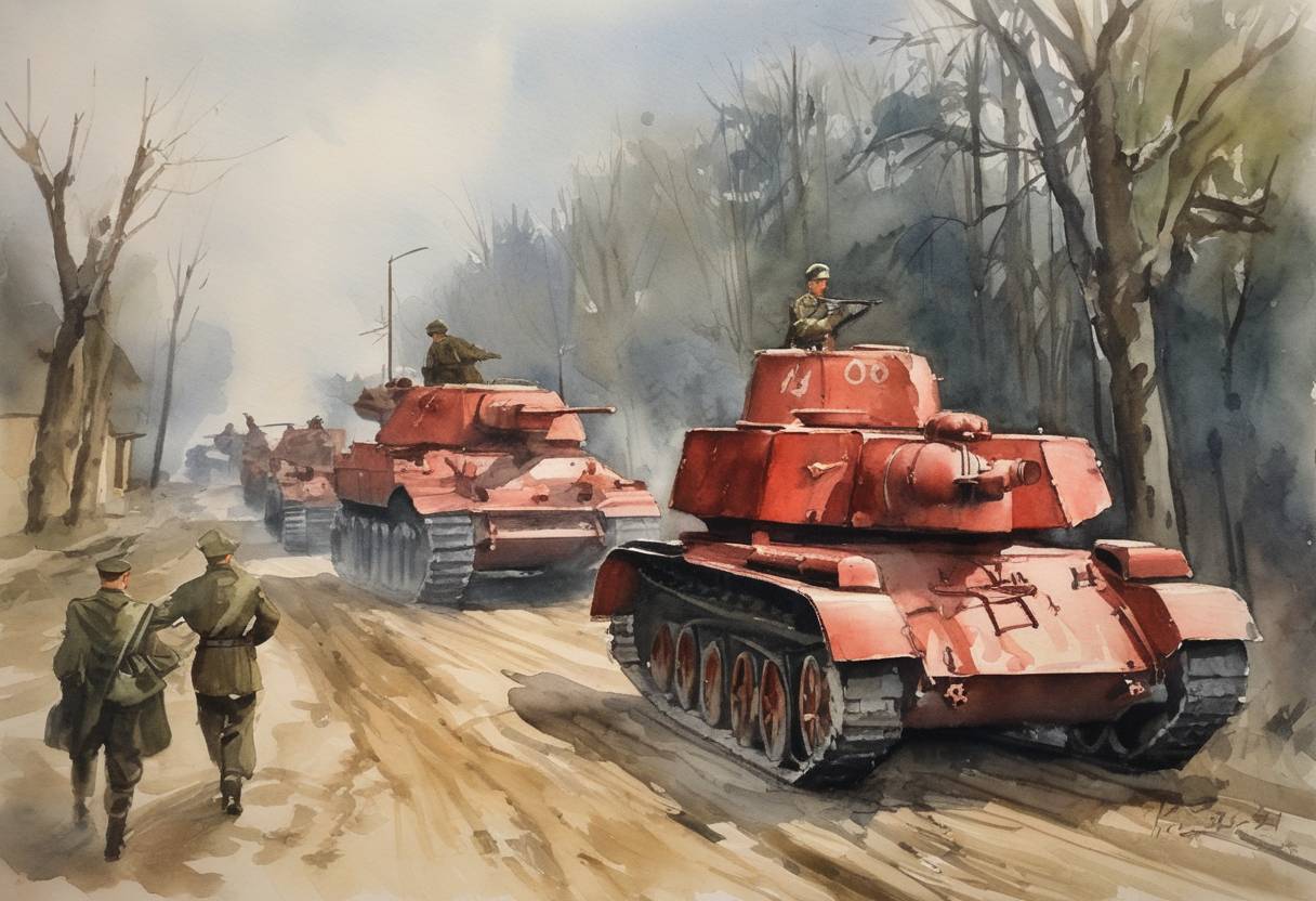 Watercolor painting based depiction of World War II: The Soviet Red Army occupies Melitopol in Ukrainian Soviet Socialist Republic after driving back German forces. (1943)