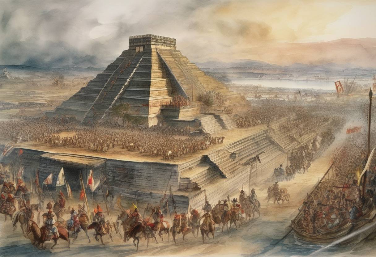 Watercolor painting based depiction of Hernán Cortés, the Spanish Conquistador, entered Tenochtitlan, the capital of the Aztec Empire, to challenge the authority of the governor sent by Spain to arrest him. (1520)