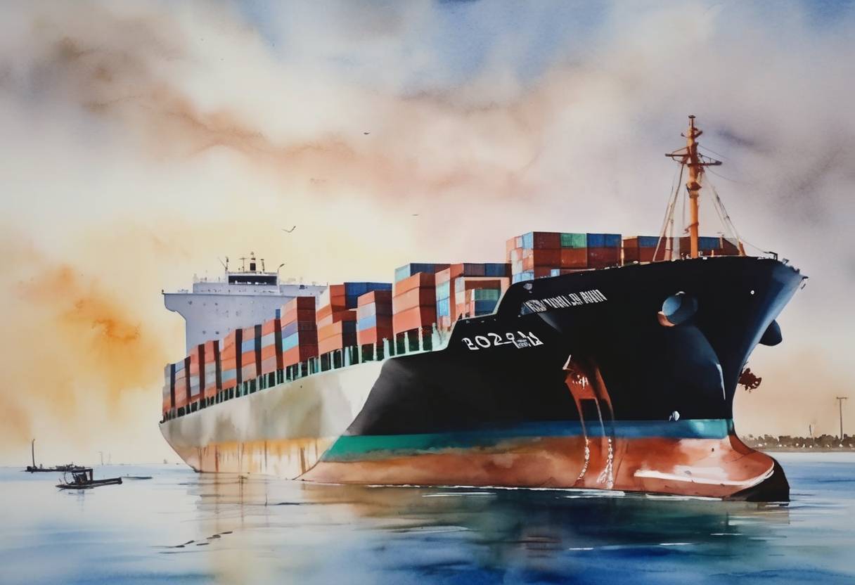 Watercolor painting based depiction of The container ship Ever Given, which had blocked the Suez Canal for nearly a week, was partially refloated, allowing movement through the critical waterway to resume. (2021)