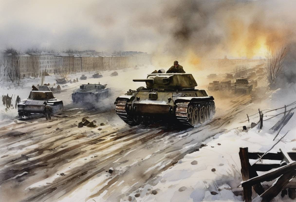 Watercolor painting based depiction of The 872-day Siege of Leningrad is broken, and the German Army is driven out. This ending of the siege marked a turning point in the Eastern Front of World War II, lifting a severe and tragic period of deprivation and hardship for the city's inhabitants. (1944)
