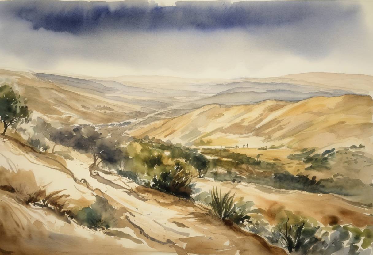 Watercolor painting based depiction of Israel obtains four of the seven Dead Sea Scrolls. (1955)