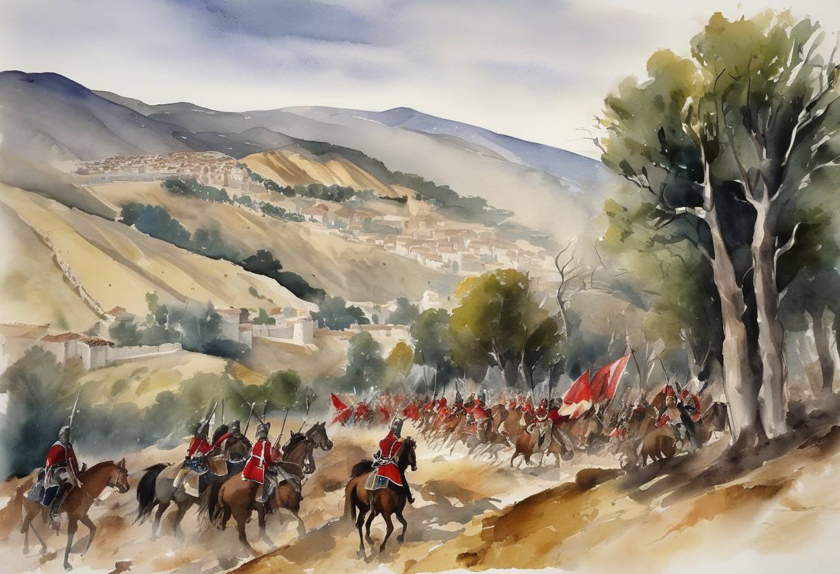 Watercolor painting based depiction of The Battle of Las Navas de Tolosa took place, a pivotal encounter in the Reconquista, where a coalition of Christian armies defeated the Almohad caliphate, marking a significant turning point in the Christian efforts to reclaim the Iberian Peninsula from Muslim rule. (1212)