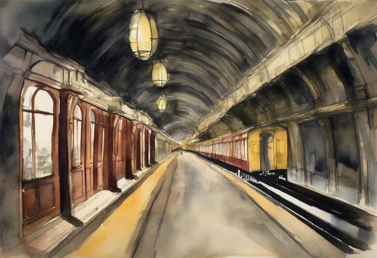 Watercolor painting based depiction of The Glasgow Underground Railway, the third-oldest underground metro system in the world, opened to the public in Glasgow, Scotland, marking a significant advancement in urban transportation. (1896)
