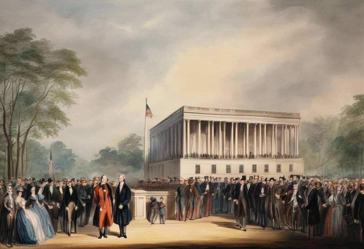 Watercolor painting based depiction of James Monroe was inaugurated for his second term as President of the United States. (1821)