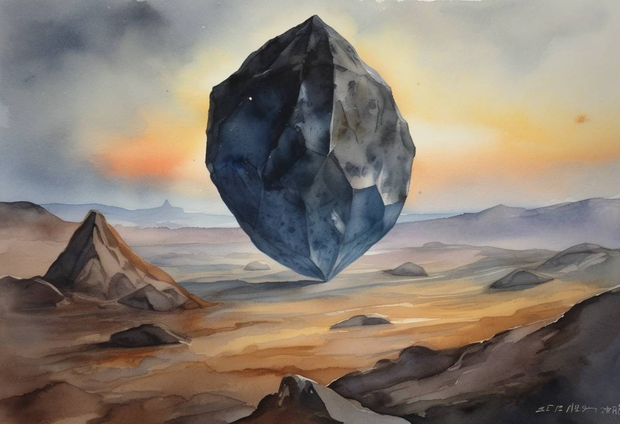 Watercolor painting based depiction of A rare meteorite named Erg Chech 002 (EC 002) was identified as the oldest volcanic rock from space ever discovered, dating back 4.566 billion years. Published in Nature Communications, the findings provided new insights into the early solar system. (2022)