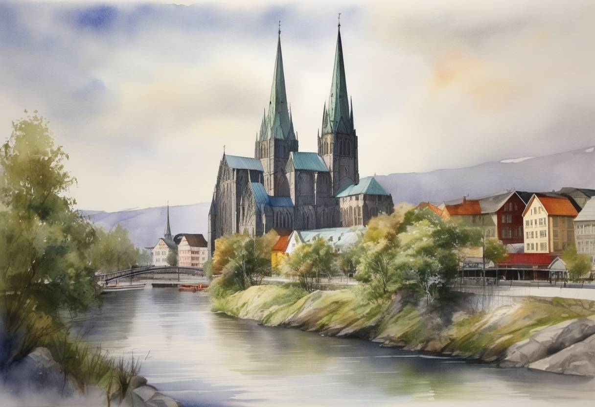 Watercolor painting based depiction of Reconstruction of the Nidaros Cathedral is completed in Trondheim after a century-long restoration effort, marking a significant cultural achievement in Norway. (2007)
