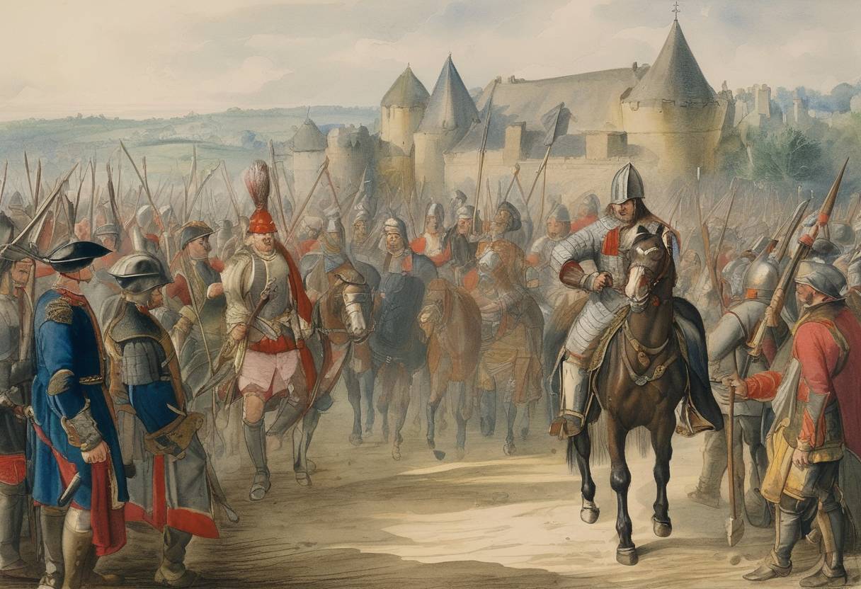 Watercolor painting based depiction of The Treaty of Brétigny was ratified between England and France, marking the end of the first phase of the Hundred Years' War. (1360)