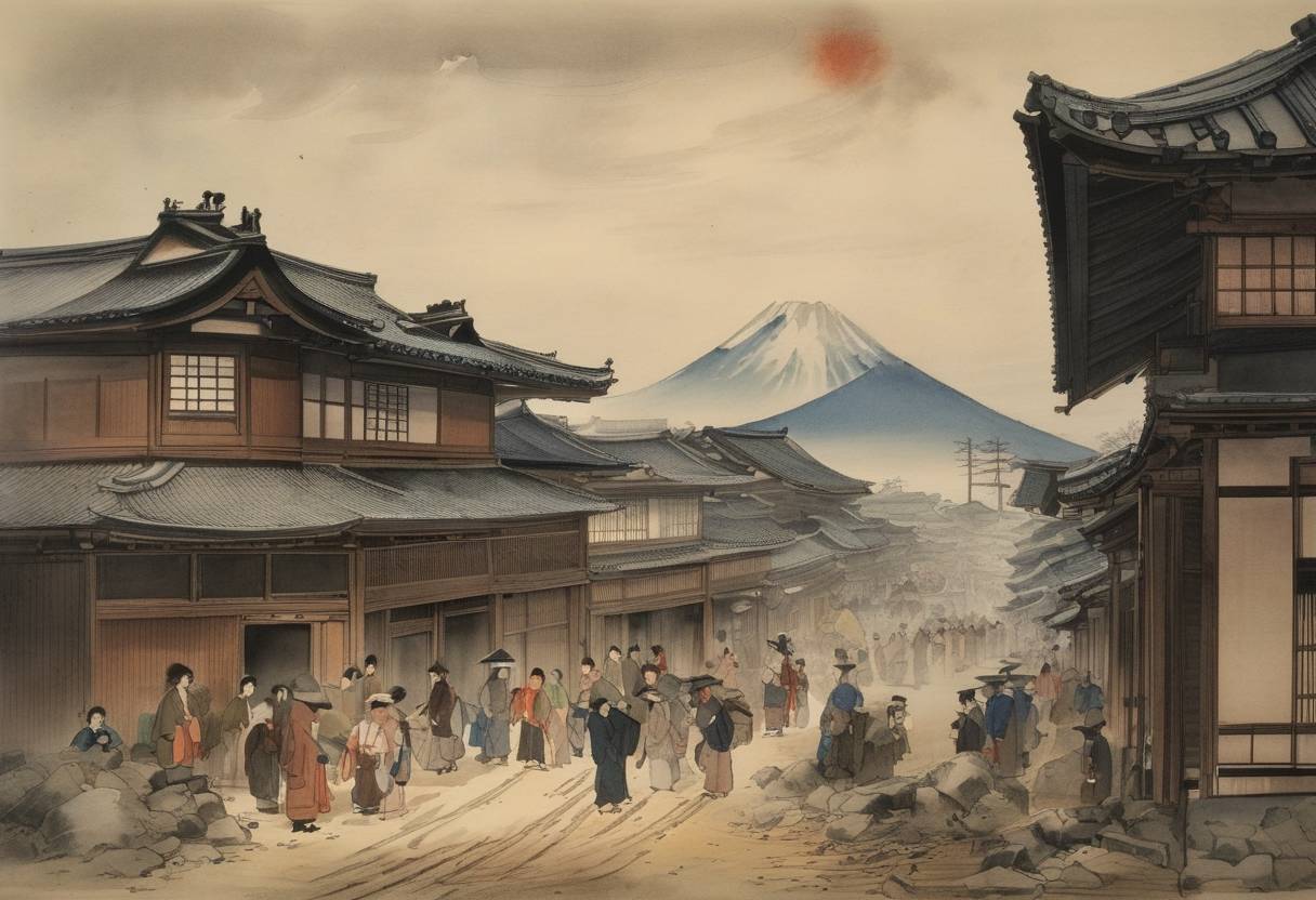 Watercolor painting based depiction of An earthquake strikes Tokyo, then known as Edo, with significant destruction. (1857)