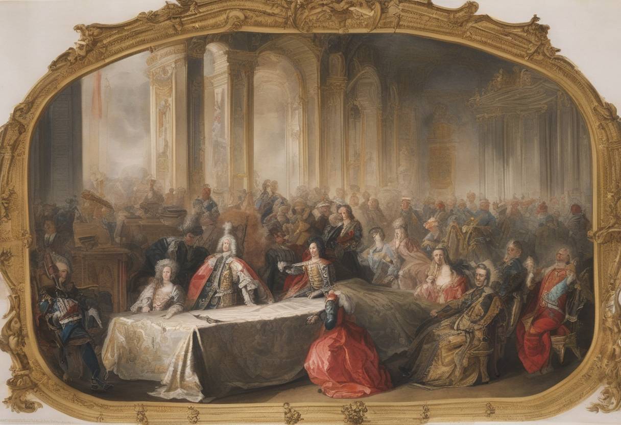 Watercolor painting based depiction of The Treaty of Rastatt was ratified, putting an end to hostilities between France and the Holy Roman Empire, concluding the War of the Spanish Succession. (1714)