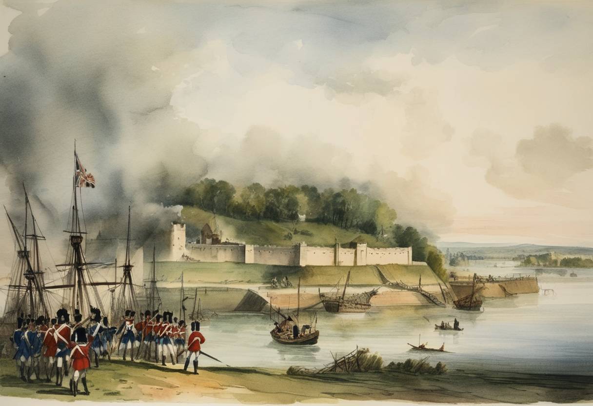 Watercolor painting based depiction of British forces led by Sir Henry Clinton successfully captured Fort Saint Jean during the American Revolutionary War. (1780)